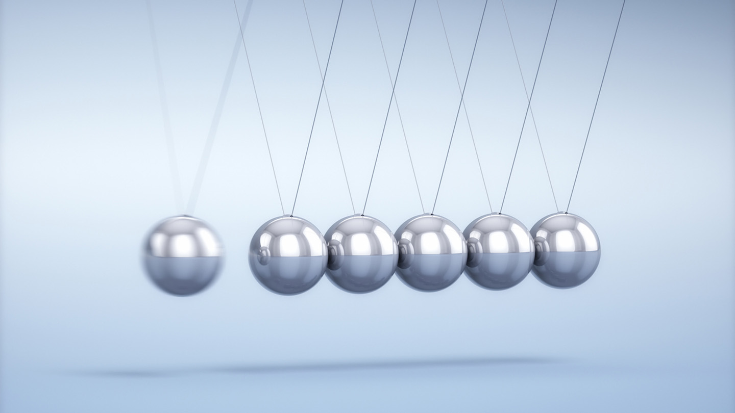3d Render Perpetual Motion Machine, Newton spheres on white vignette background, close-up
